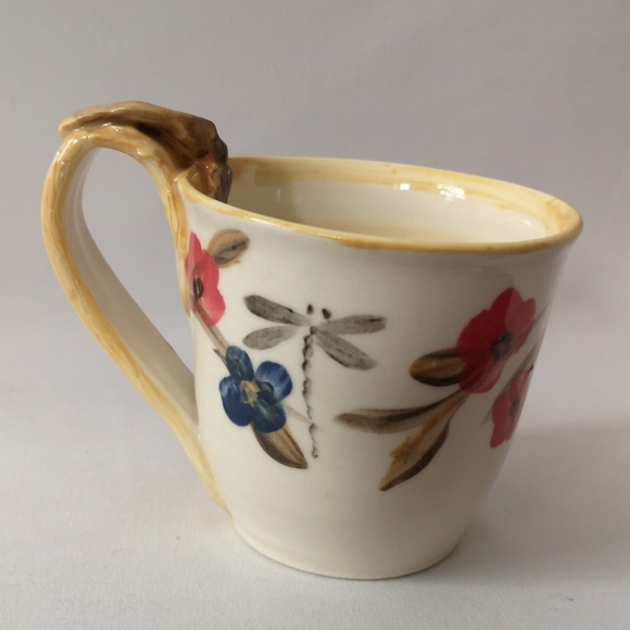 Set of Two Studio Art Pottery Coffee / Tea Mugs, Large Purple & Yellow Dragonfly - Picture 3 of 9